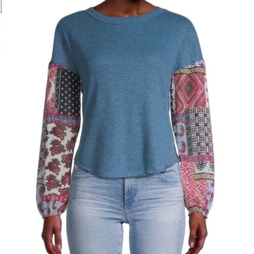 Baea Round Neck Boho Mixed Waffle Knit Pullover Top Long Sleeve Blue XS NEW